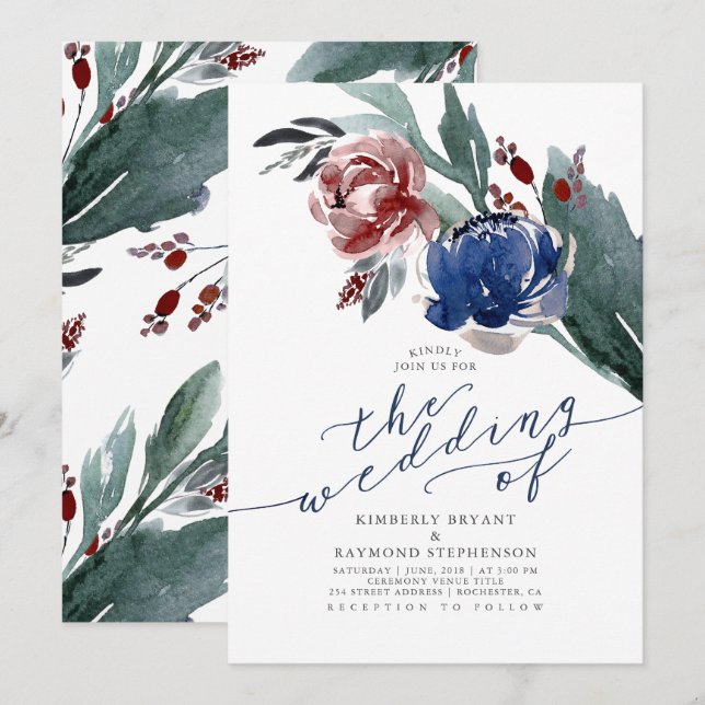 Navy Blue and Burgundy Red Floral Modern Wedding Invitation (Front/Back)