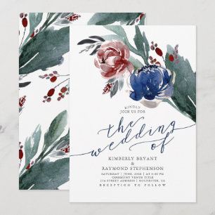 Navy Blue and Burgundy Red Floral Modern Wedding Invitation