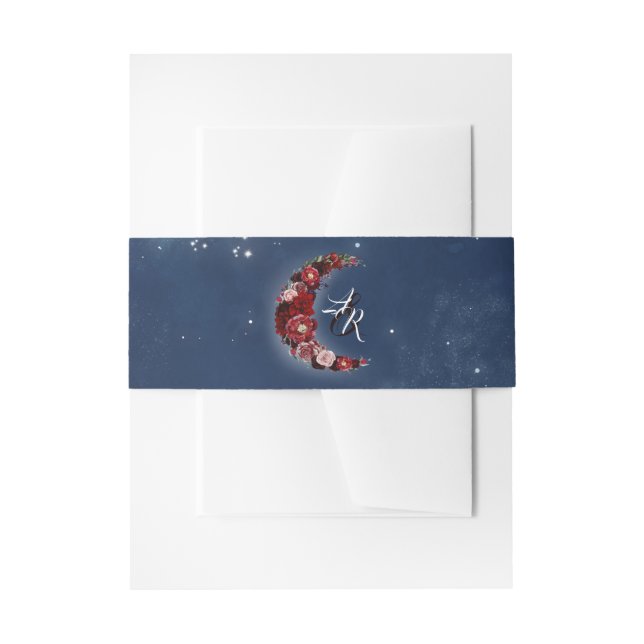 Navy Blue and Burgundy Red Floral Moon Night Invitation Belly Band (Front Example)