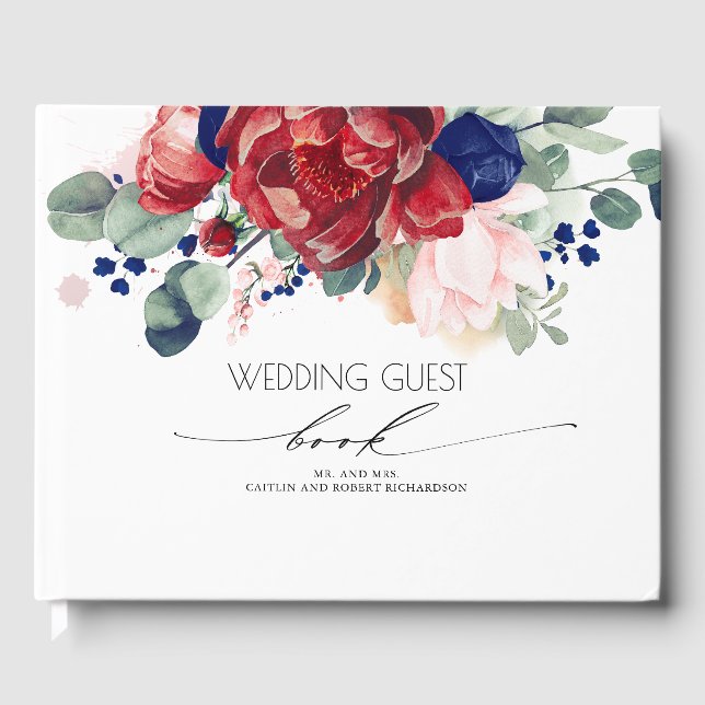 Navy Blue and Burgundy Red Floral Wedding Guest Book (Front)