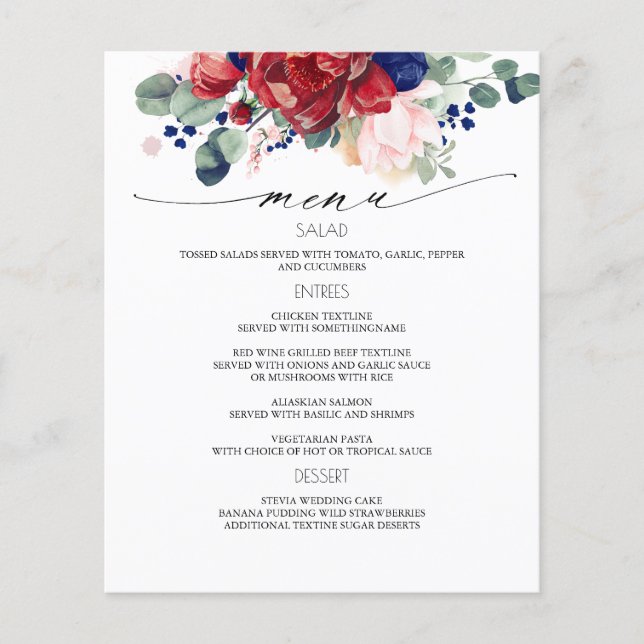 Navy Blue and Burgundy Red Floral Wedding Menu (Front)