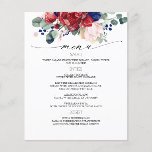 Navy Blue and Burgundy Red Floral Wedding Menu