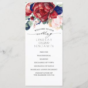 Navy Blue and Burgundy Red Floral Wedding Programs Programme
