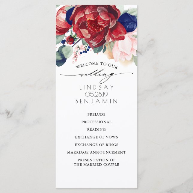 Navy Blue and Burgundy Red Floral Wedding Programs Programme (Front)