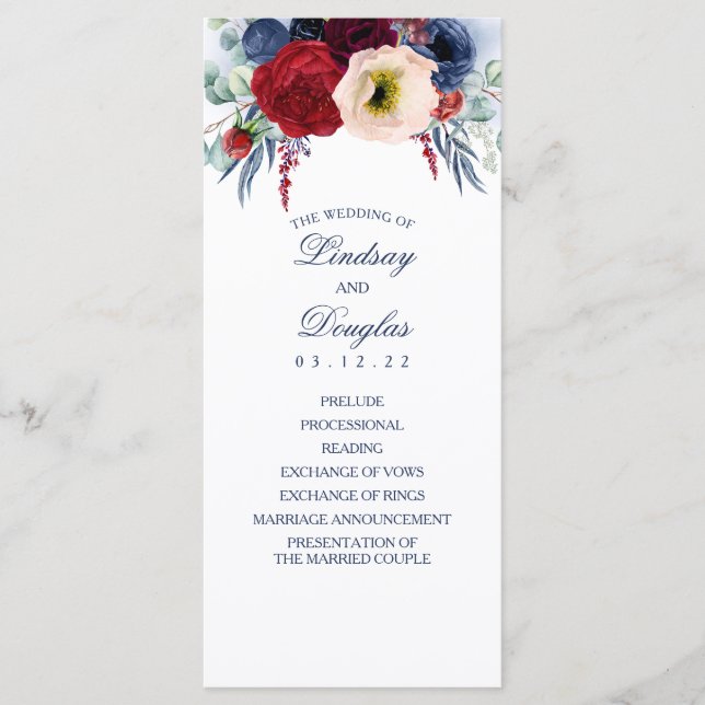 Navy Blue and Burgundy Red Floral Wedding Programs Programme (Front)