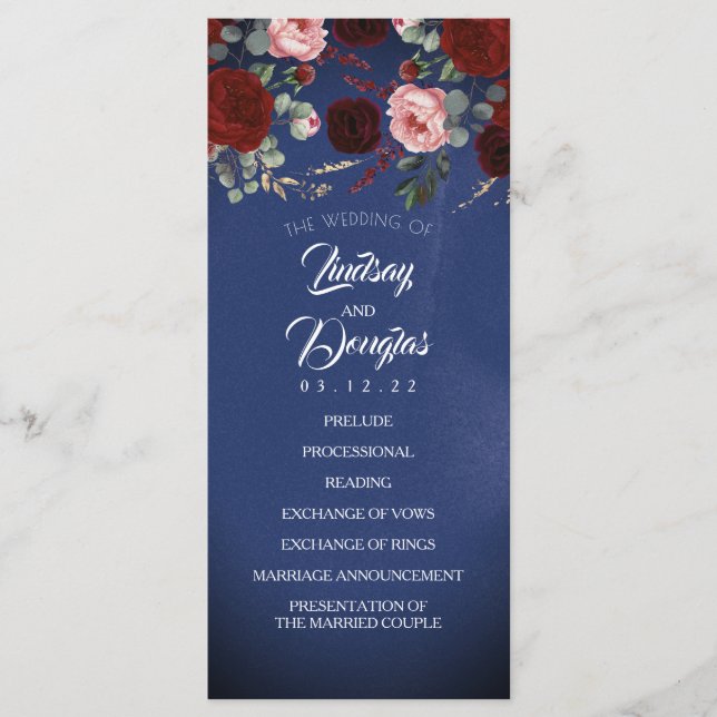 Navy Blue and Burgundy Red Floral Wedding Programs Programme (Front)