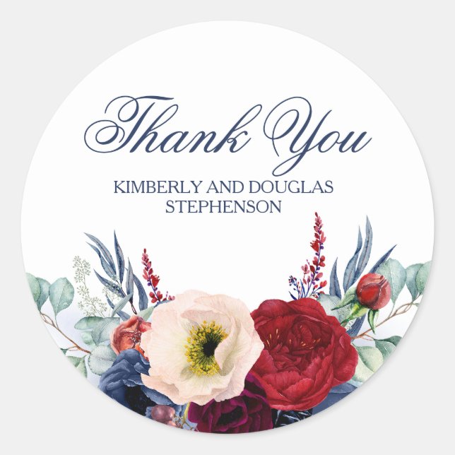 Navy Blue and Burgundy Red Floral Wine Thank You Classic Round Sticker (Front)