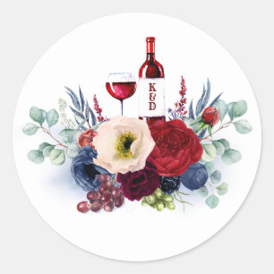 Navy Blue and Burgundy Red Floral Wine Wedding Classic Round Sticker