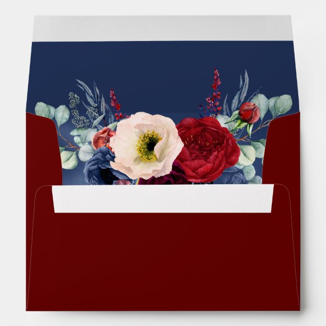 Navy Blue and Burgundy Red Flowers Elegant Wedding Envelope (Back (Bottom))