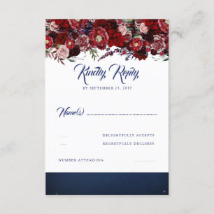 Navy Blue and Burgundy Red Wedding RSVP Card