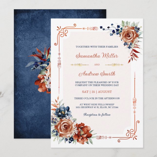 Navy Blue and Burnt Orange Gold Wedding Template (Front/Back)