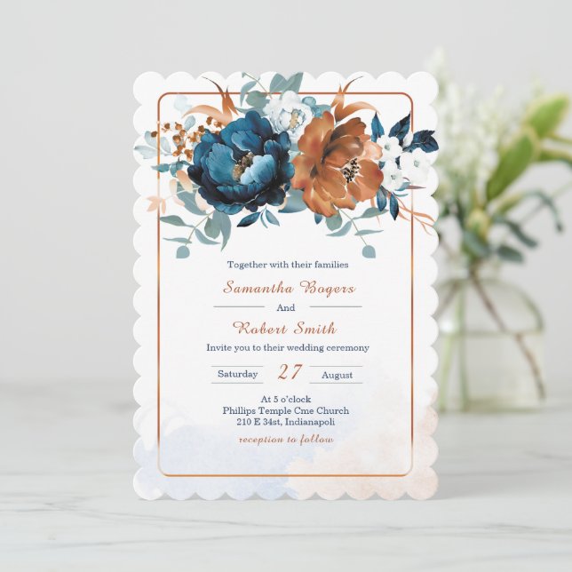 Navy Blue and Burnt Orange Wedding Invitation (Standing Front)