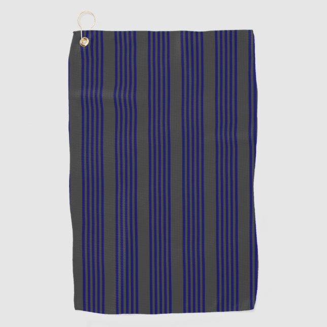 Navy blue and charcoal five stripes pattern golf towel (Front)