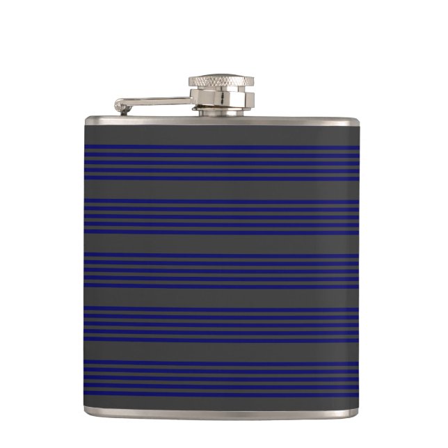 Navy blue and charcoal five stripes pattern hip flask (Front)