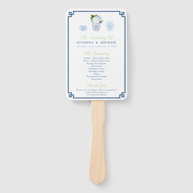 Navy Blue And Chartreuse Chinoiserie Chic Wedding  Hand Fan (Front)