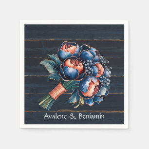 Navy Blue and Copper Peony Bouquet Wood Wedding Napkin