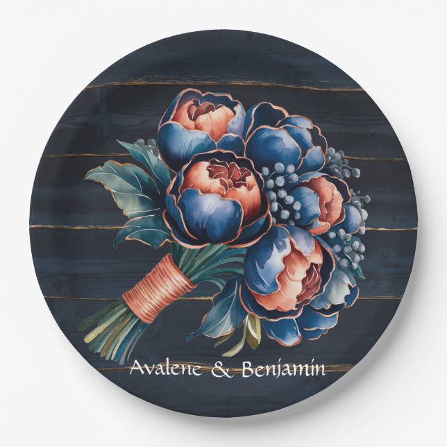 Navy Blue and Copper Peony Bouquet Wood Wedding Paper Plate (Front)