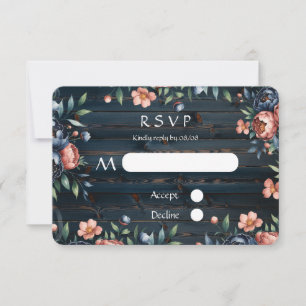 Navy Blue and Copper Peony Bouquet Wood Wedding RSVP Card