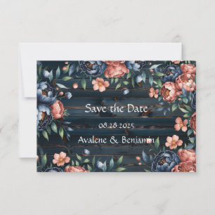 Navy Blue and Copper Peony Bouquet Wood Wedding Save The Date