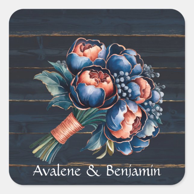 Navy Blue and Copper Peony Bouquet Wood Wedding Square Sticker (Front)