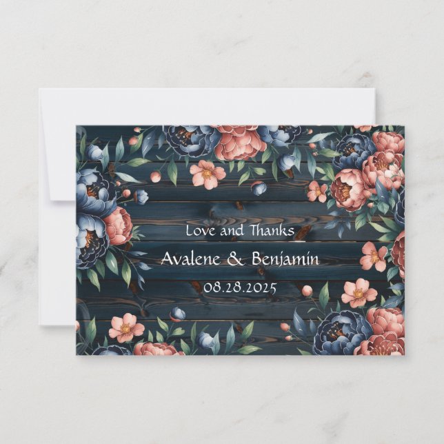 Navy Blue and Copper Peony Bouquet Wood Wedding Thank You Card (Front)