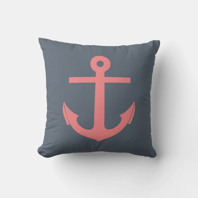 Navy Blue and Coral Anchor Nautical Cushion (Front)