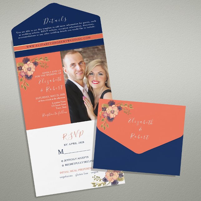 Navy Blue and Coral Boho Floral Wedding All In One Invitation (Creator Uploaded)