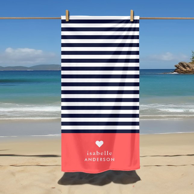 Navy Blue and Coral Chic Stripes Heart Monogram Beach Towel (Creator Uploaded)