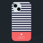 Navy Blue and Coral Chic Stripes Heart Monogram iPhone 15 Case<br><div class="desc">Stylish custom phone case in coral, navy blue and white colours. This design features a preppy classic navy and white striped pattern. Personalise it with your name monogram or other custom text with a cute heart symbol. Use the design tools to choose any background colours, edit the text fonts and...</div>