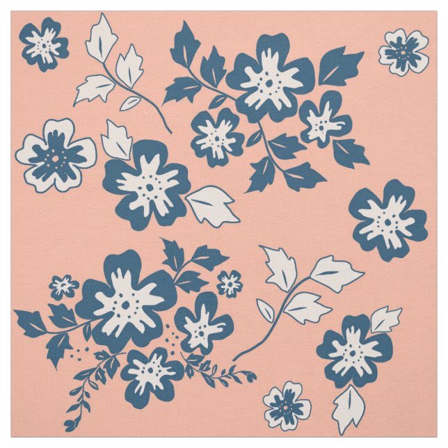 Navy Blue and Coral Floral Pattern Fabric (Swatch)