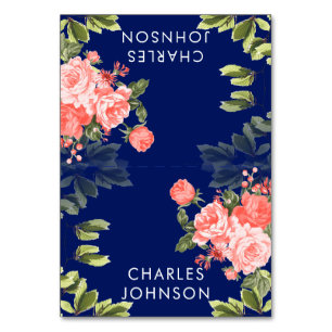 Navy Blue and Coral Flower Wedding   Place Cards
