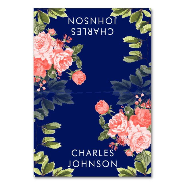 Navy Blue and Coral Flower Wedding | Place Cards (Front)