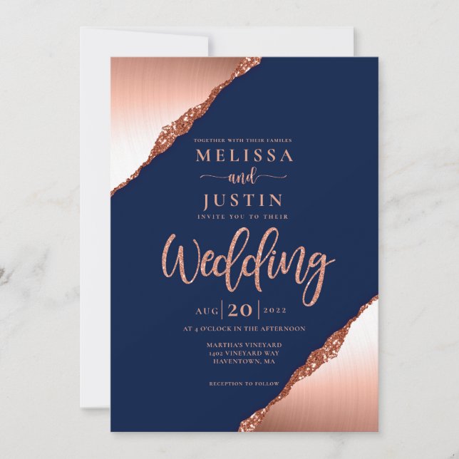 Navy Blue and Coral Glitter Wedding Invitation (Front)