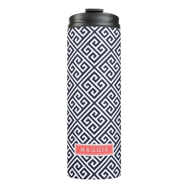 Navy Blue and Coral Greek Key Monogram Thermal Tumbler (Front)