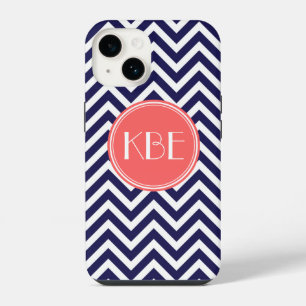 Navy Blue and Coral Modern Chevron Custom Monogram iPhone 14 Case