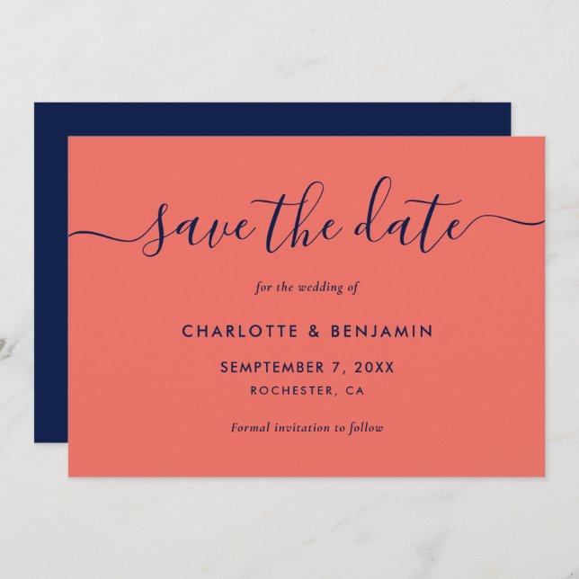 Navy Blue and Coral Modern Script Wedding Save The Date (Front/Back)