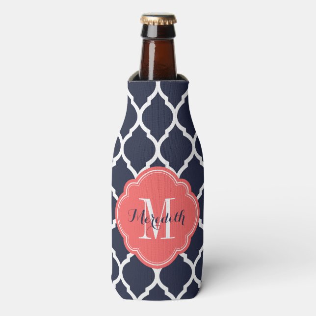 Navy Blue and Coral Moroccan Quatrefoil Monogram Bottle Cooler (Bottle Front)