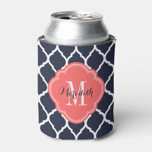 Navy Blue and Coral Moroccan Quatrefoil Monogram Can Cooler