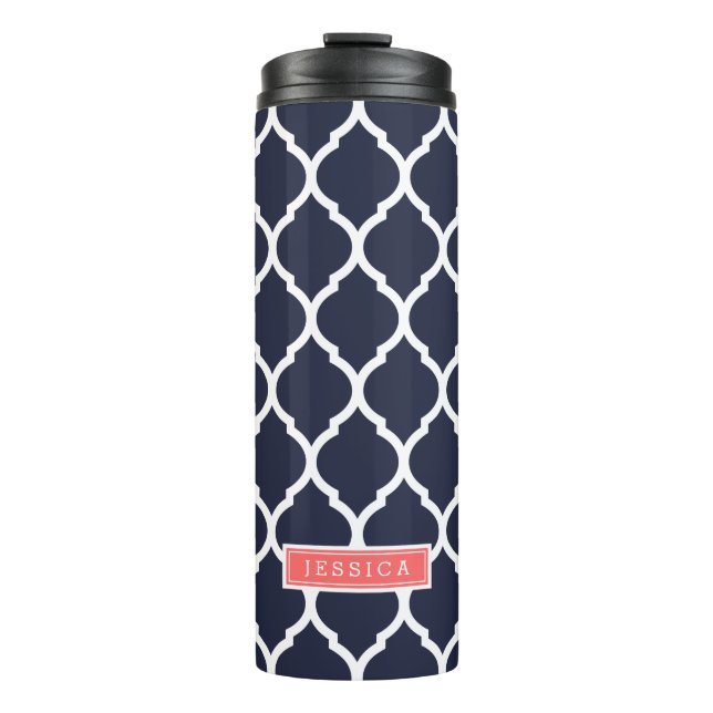 Navy Blue and Coral Moroccan Quatrefoil Monogram Thermal Tumbler (Front)