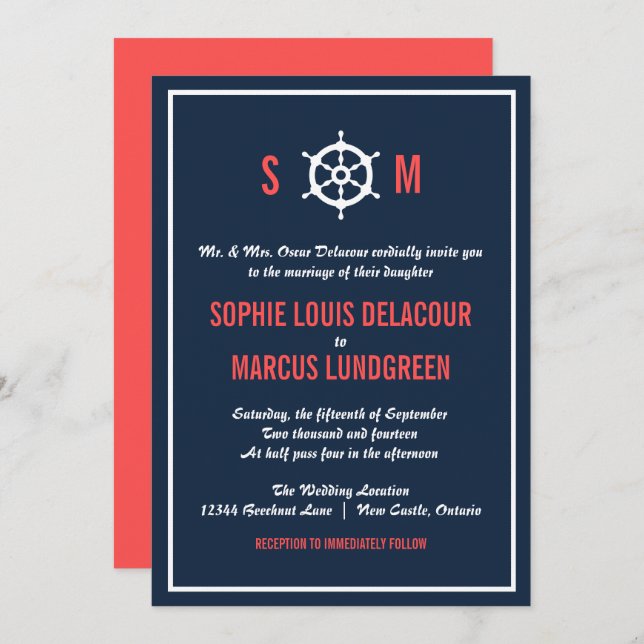 Navy Blue and Coral Nautical Wedding Invitation (Front/Back)