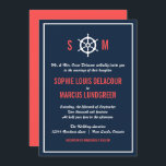 Navy Blue and Coral Nautical Wedding Invitation<br><div class="desc">Dark navy blue and coral wedding invitation with a white helm illustration in between the bride and grooms initials. This is perfect for nautical themed weddings or sea and ocean themed weddings.</div>