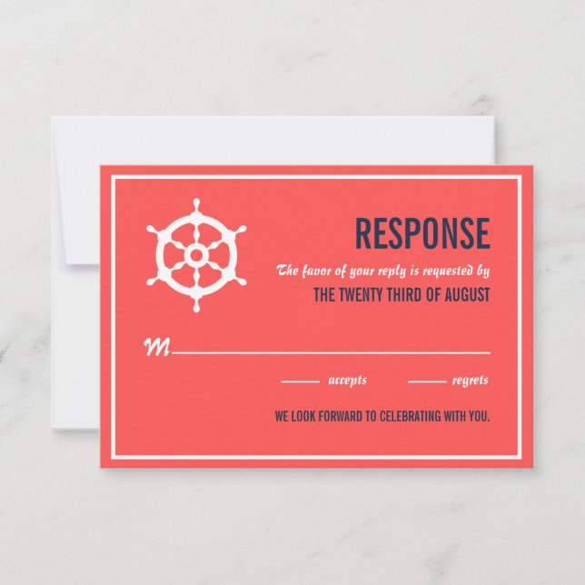 Navy Blue and Coral Nautical Wedding RSVP Card (Front)