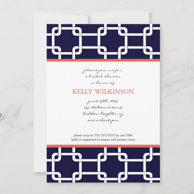 Navy Blue and Coral Preppy Invitation (Front)