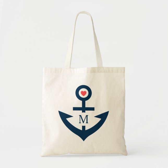 Navy-Blue And Coral Red Nautical Boat Anchor Tote Bag (Front)
