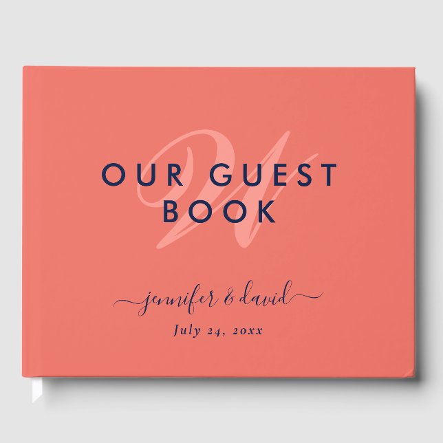 Navy Blue and Coral Script Monogram Wedding Guest  Guest Book (Front)