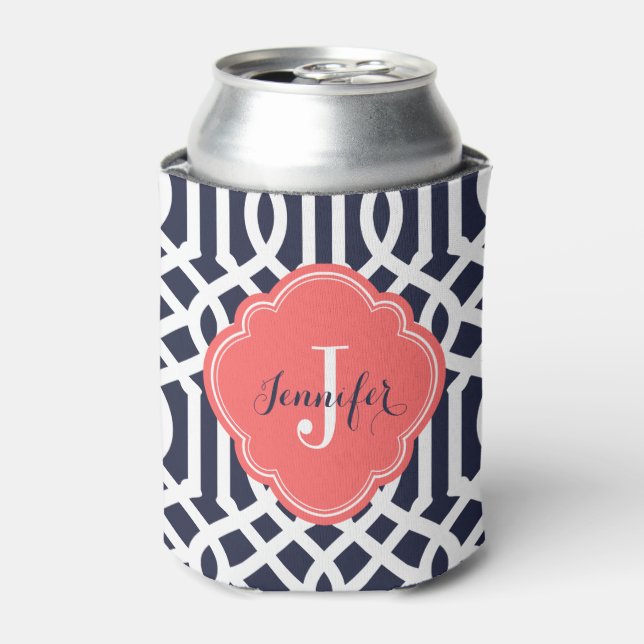 Navy Blue and Coral Trellis Monogram Can Cooler (Can Front)