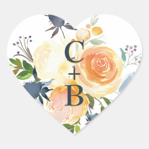 Navy Blue and Coral Watercolor Floral Wedding Heart Sticker