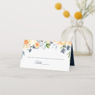 Navy Blue and Coral Watercolor Floral Wedding Place Card
