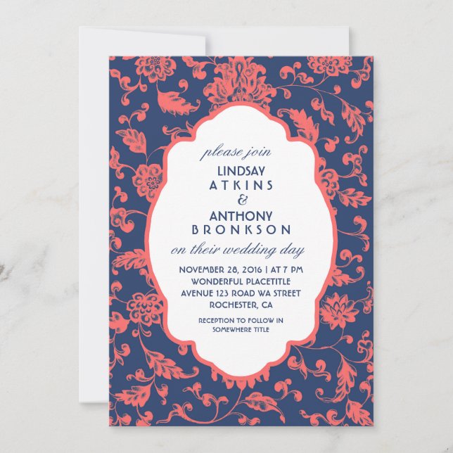 Navy Blue and Coral Wedding Invitations (Front)