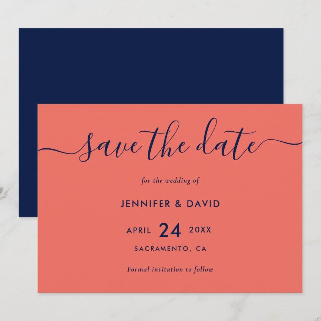 Navy Blue and Coral Wedding Save The Date (Front/Back)